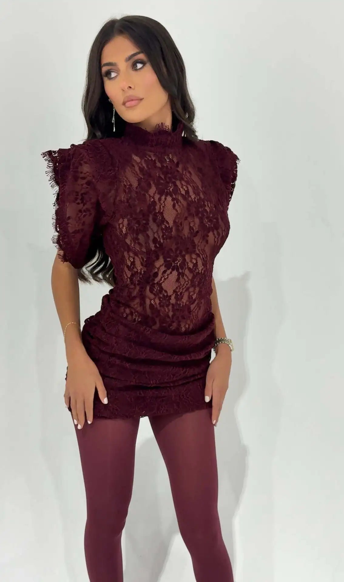 Sexy Black Lace Pleated Mini Dresses for Women Half High Collar Short Sleeve Spliced Sheer Club Party Dress Female New Vestidos