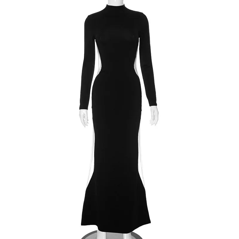 Black Maxi Dresses For Women Side See Through Vestidos Elegantes Para Mujer Slim One-Pieces Sexi Night Dress Hot Club Outfit