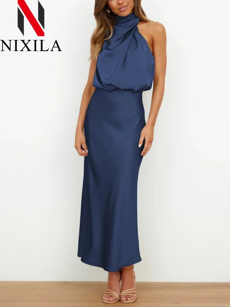 New in Summer Wedding Satin Silk Women Dresses Sexy Evening Party Sleeveless Off Shoulder Bodycon Elegant Maxi Dresses for Women