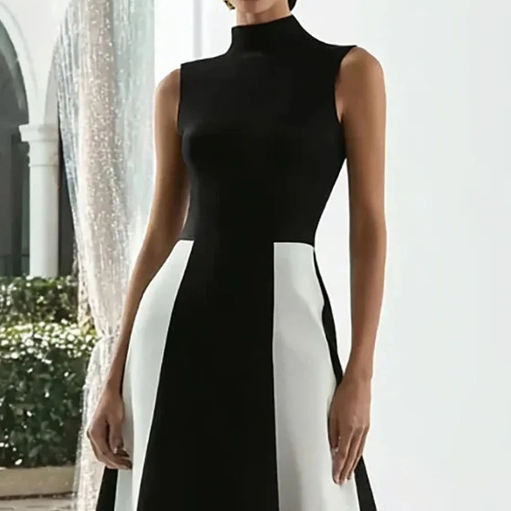 Elegant Evening Dress Black with White High Neck Sleeveless A Line Ankle Length Formal Dresses Classic Party Gown Custom Color