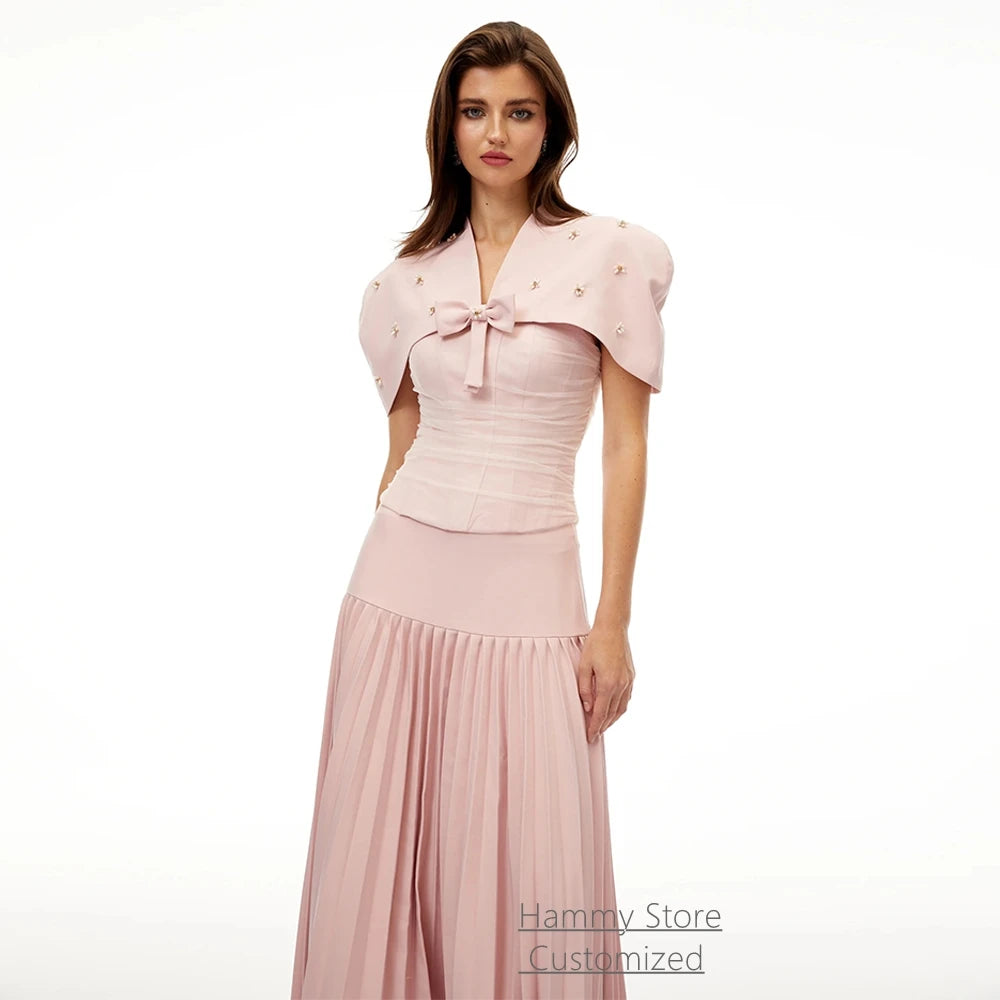 Evening Dress Modern Strapless Sleeveless Two Piece Pleat Skirt A Line Arabian Party Gown with Beading Cape Prom Dresses