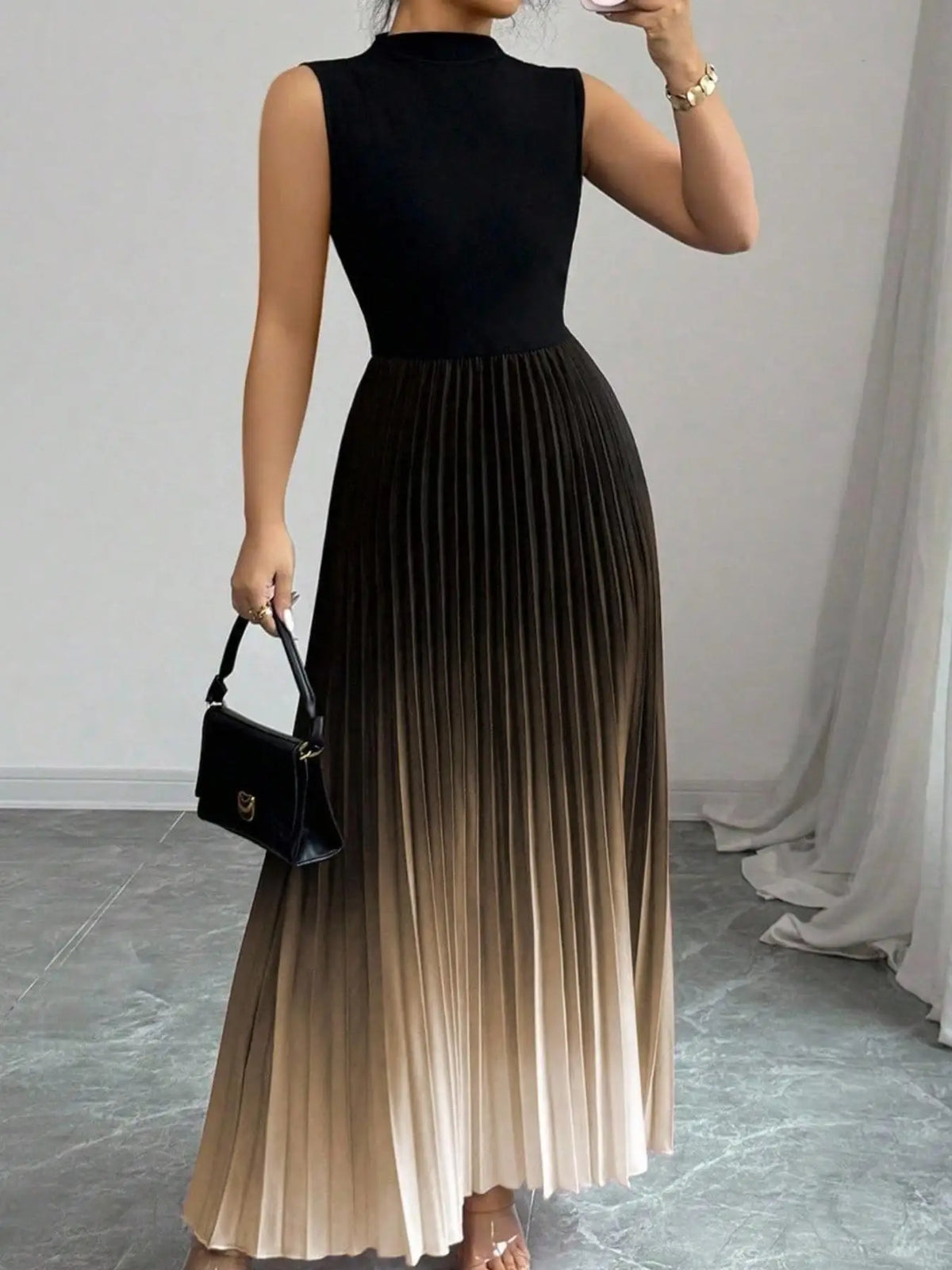 Fashion Maxi Dress Vestidos Dresses Contrast Gradient Sleeveless Slim All-match Simple Style Pleated Party Dresses Evening Gown