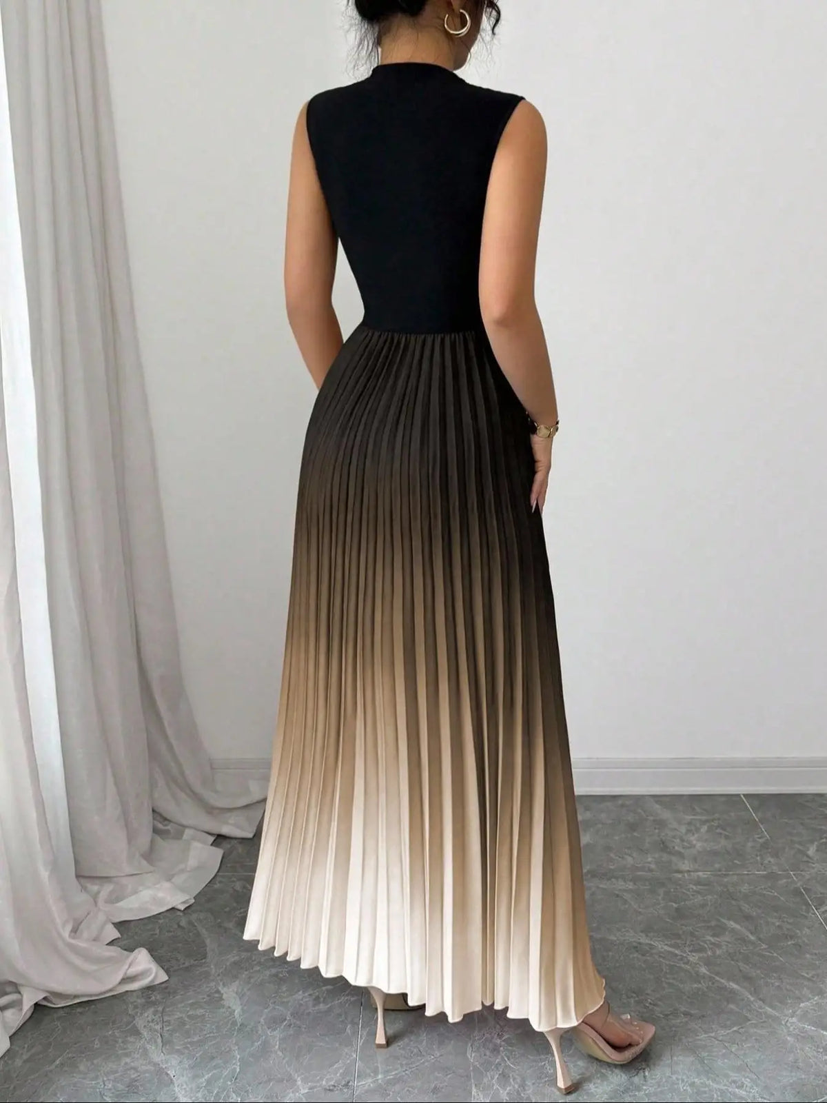 Fashion Maxi Dress Vestidos Dresses Contrast Gradient Sleeveless Slim All-match Simple Style Pleated Party Dresses Evening Gown