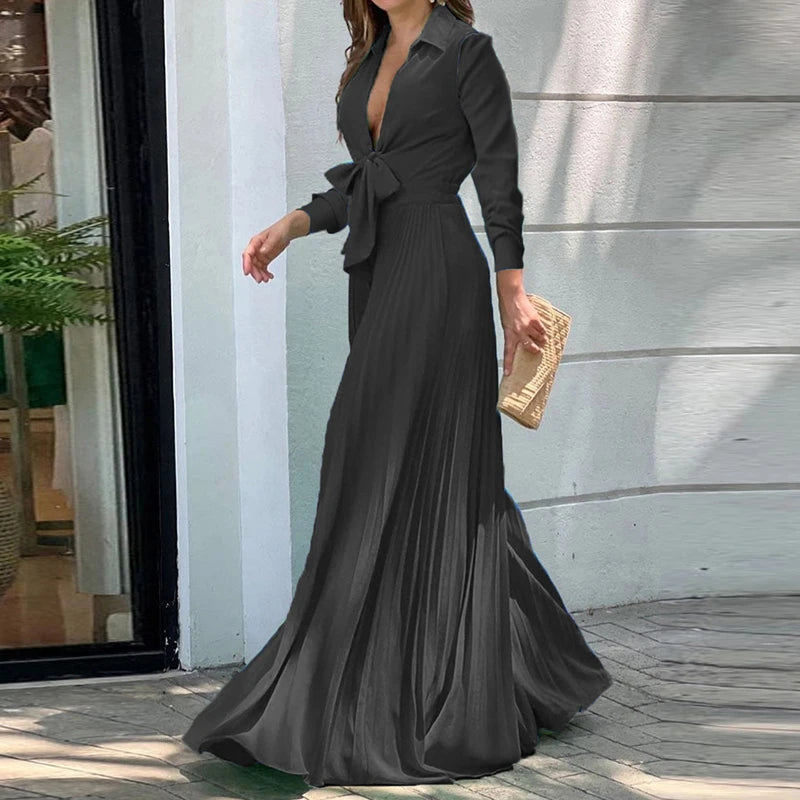 Elegant Maxi Dresses For Women V Neck Lace Up Flower Print Casual Long Sleeve High Waist Long Dress Boho
