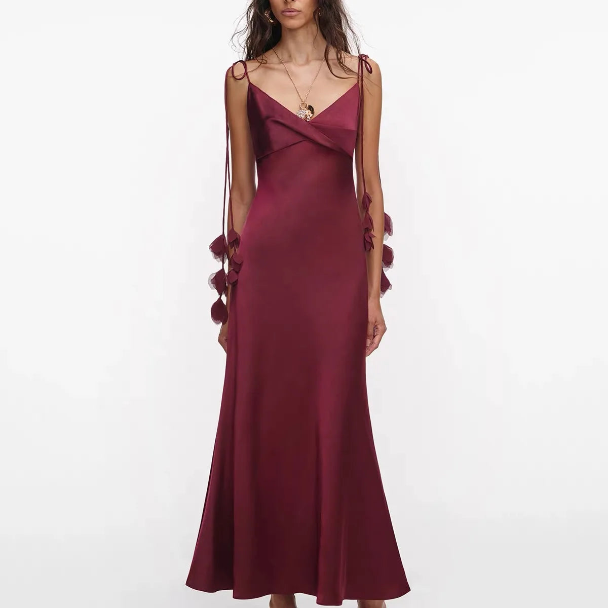 Women satin camisole dress flower decoration v-neck fashion sling midi dress