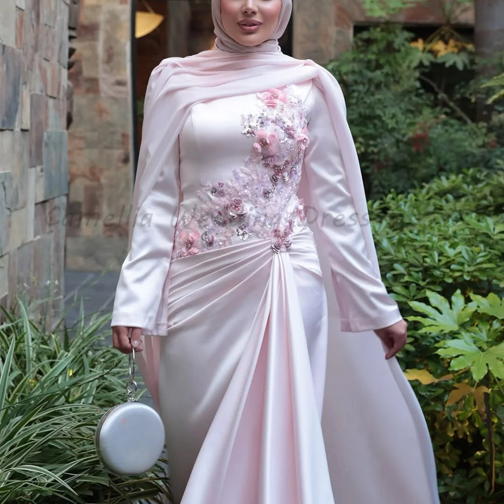 Muslim Evening Dress Long Sleeve 3D Floral Beaded Bodice Draped Waist With Matching Cape Modest Islamic Wedding Guest Gown