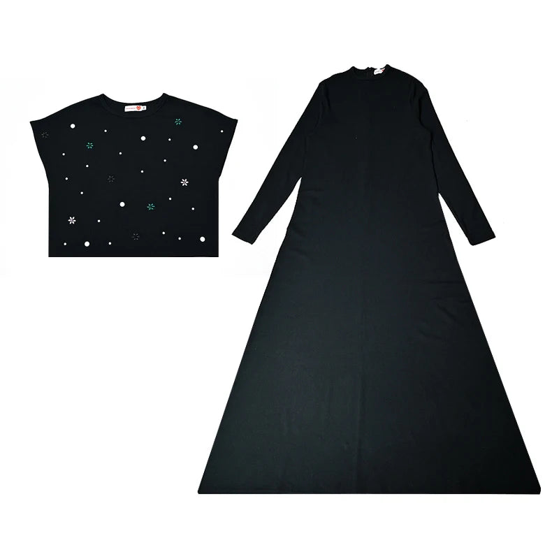 Maxi Dress Women Long Sleeve Lady Dresses Flowers and Pearls Top Casual Dress Round Neck Black Modal Ribbed Top Sizes XS-XXXL