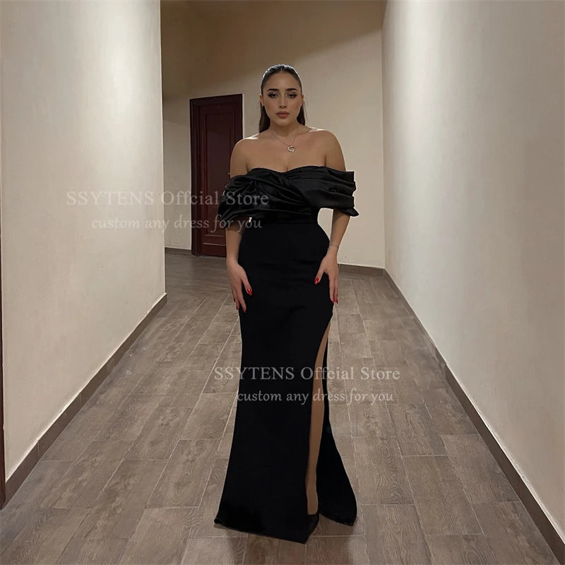 SSYTENS Satin Black Evening Dresses Pleats Prom Dresses Long Wedding Guest Party Gown for Guest Women Evening Gown Customized