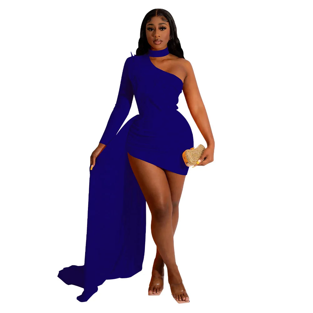 Temperament Women's Dresses Sexy Single Shoulder Feather Patchwork Long Straps Mini Dress Chic Solid Bodycon Party Dress Outfits