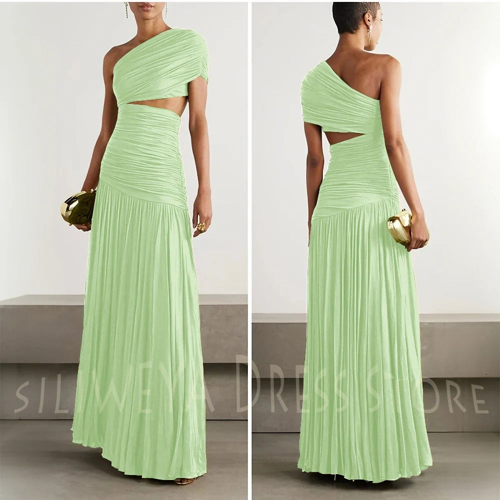 Green Evening Dresses Elegant Women One Shoulder Sleeveless Floor Length A Line Party Celebrity Prom Female Gowns Classic