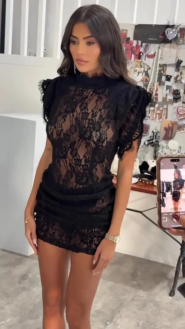 Sexy Black Lace Pleated Mini Dresses for Women Half High Collar Short Sleeve Spliced Sheer Club Party Dress Female New Vestidos