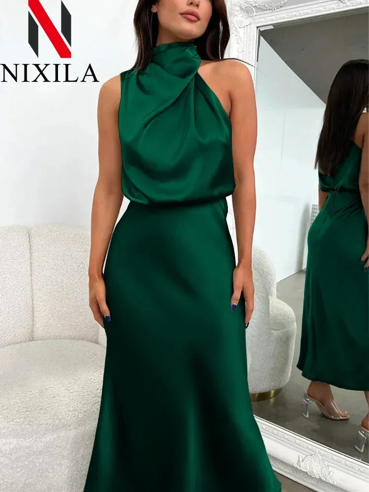New in Summer Wedding Satin Silk Women Dresses Sexy Evening Party Sleeveless Off Shoulder Bodycon Elegant Maxi Dresses for Women