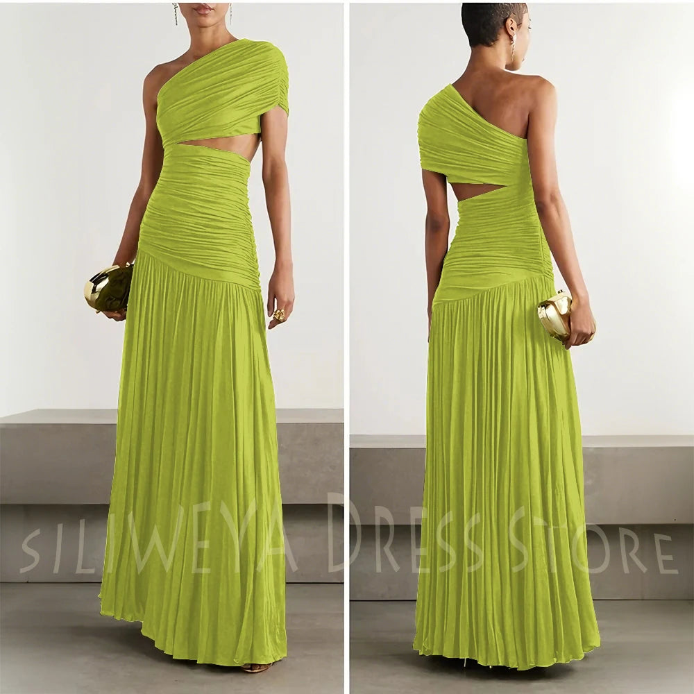 Green Evening Dresses Elegant Women One Shoulder Sleeveless Floor Length A Line Party Celebrity Prom Female Gowns Classic