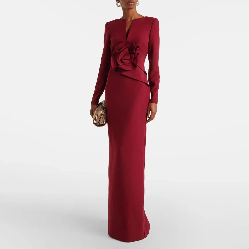 Elegant Evening Dress Customized V-Neck Long Sleeves Modern Jersey Evening Gowns Pleated Flower Straight Prom Dresses