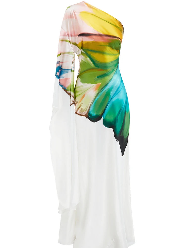 Women Elegant Satin Dress 2025 Oblique Shoulder Papillon Print Dress Maxi Sundress Casual Vintage Printed Loose Long Robe