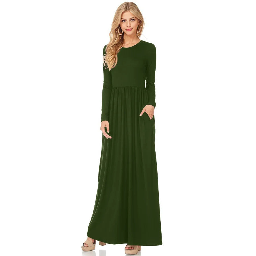 Women's Maxi Dress Summer Casual Solid adies Long Sleeve Pocket Floor Length Dress Fashion O Neck Female Long Skirts Street Wear
