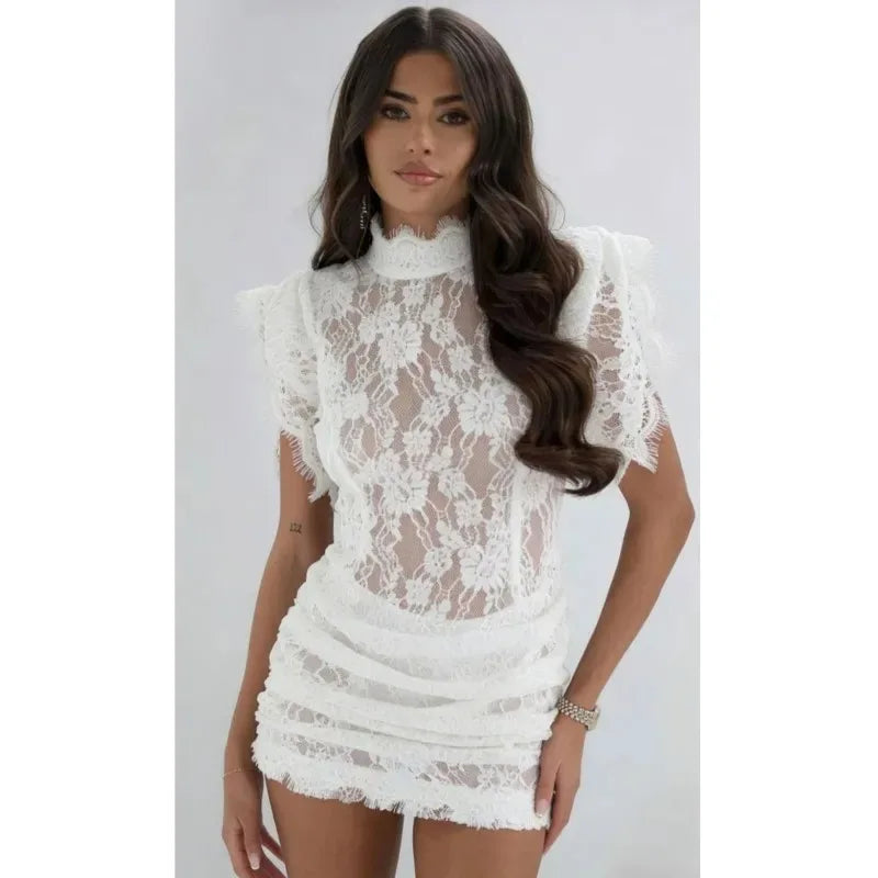 Sexy Black Lace Pleated Mini Dresses for Women Half High Collar Short Sleeve Spliced Sheer Club Party Dress Female New Vestidos
