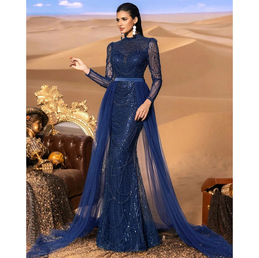 Elegant Wedding Evening Dress for Women 2026 Muslim Long Sleeves Mermaid Detachable Train Sequined Prom Party Gown Customized