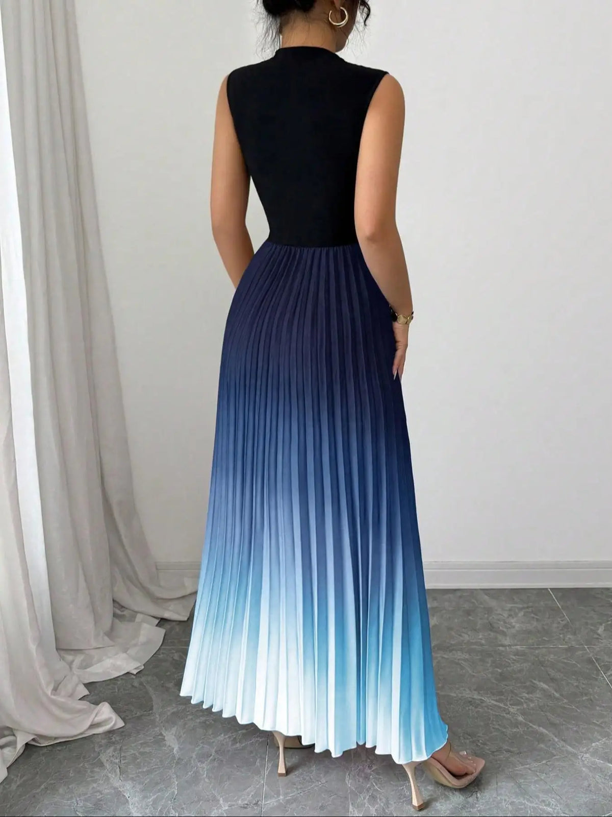 Fashion Maxi Dress Vestidos Dresses Contrast Gradient Sleeveless Slim All-match Simple Style Pleated Party Dresses Evening Gown