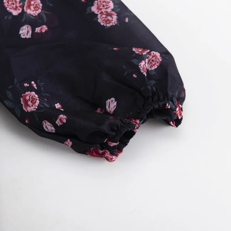 Women's Summer Floral Print Mini Dress Elegant V Neck Puff Sleeve Ruched Ruffle Hem Bodycon Short Dress for Night Party Cocktail