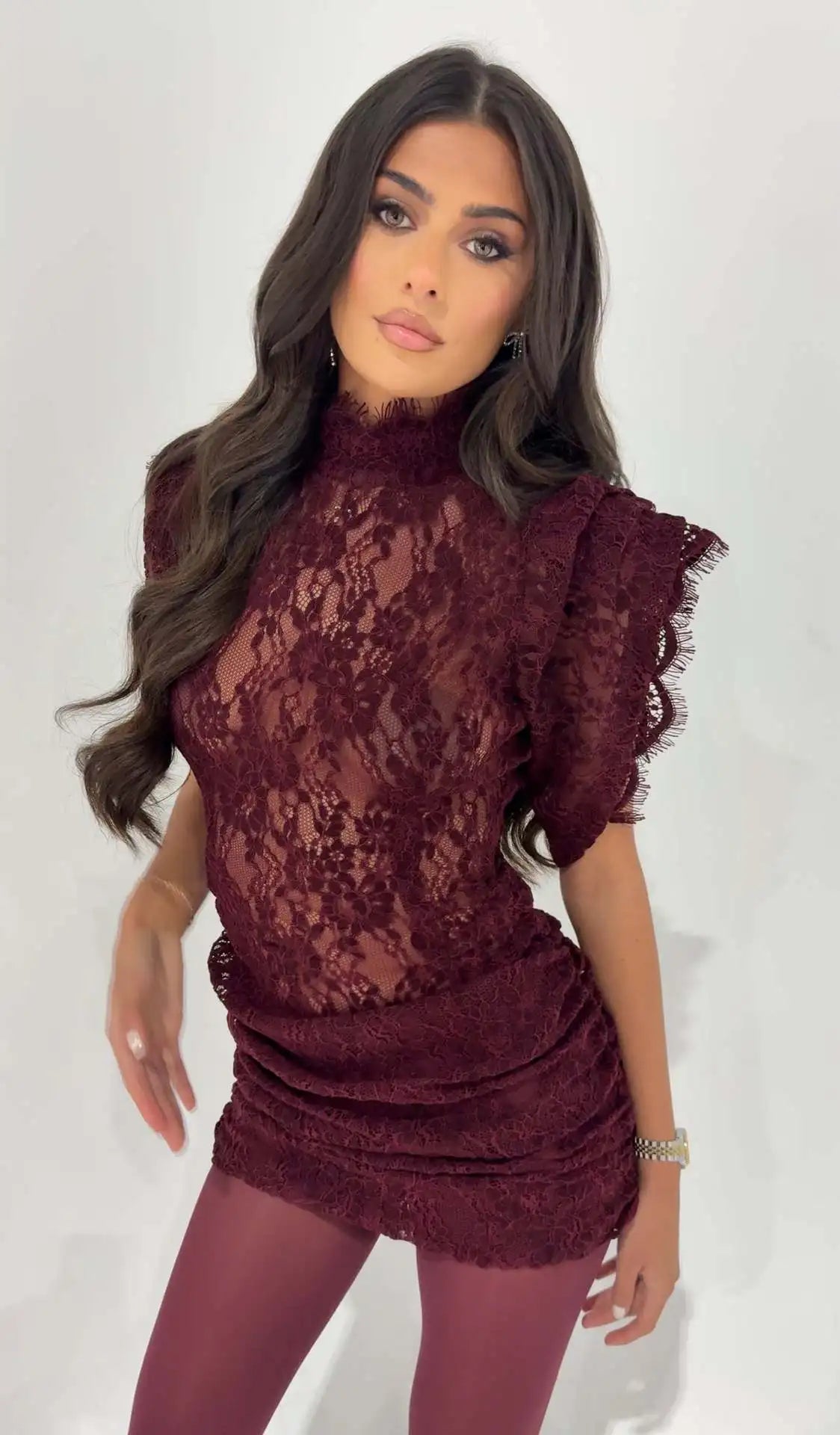 Sexy Black Lace Pleated Mini Dresses for Women Half High Collar Short Sleeve Spliced Sheer Club Party Dress Female New Vestidos