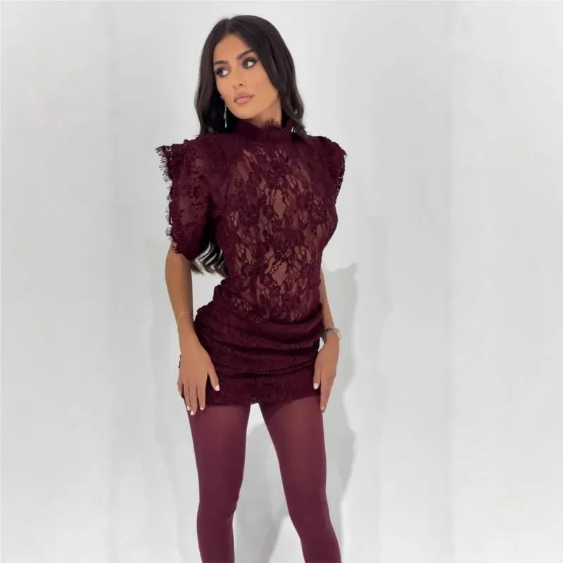 Sexy Black Lace Pleated Mini Dresses for Women Half High Collar Short Sleeve Spliced Sheer Club Party Dress Female New Vestidos