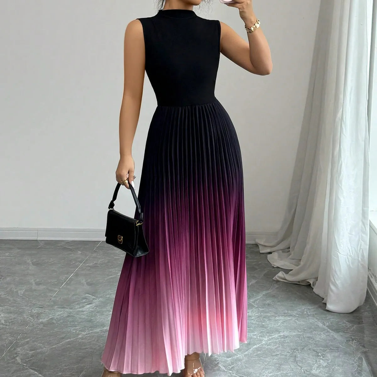 Fashion Maxi Dress Vestidos Dresses Contrast Gradient Sleeveless Slim All-match Simple Style Pleated Party Dresses Evening Gown