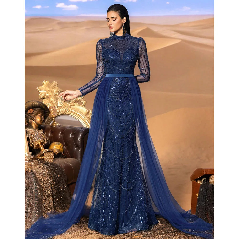 Elegant Wedding Evening Dress for Women 2026 Muslim Long Sleeves Mermaid Detachable Train Sequined Prom Party Gown Customized