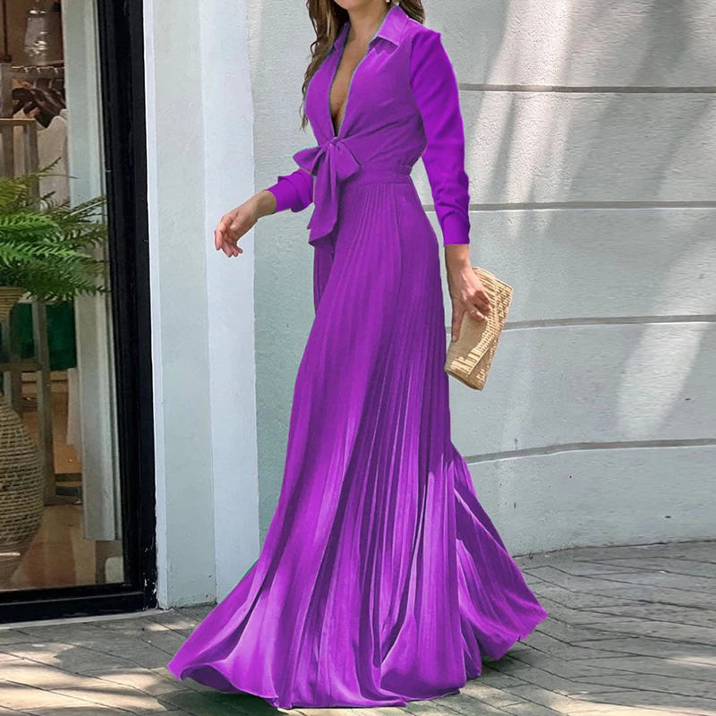 Elegant Maxi Dresses For Women V Neck Lace Up Flower Print Casual Long Sleeve High Waist Long Dress Boho