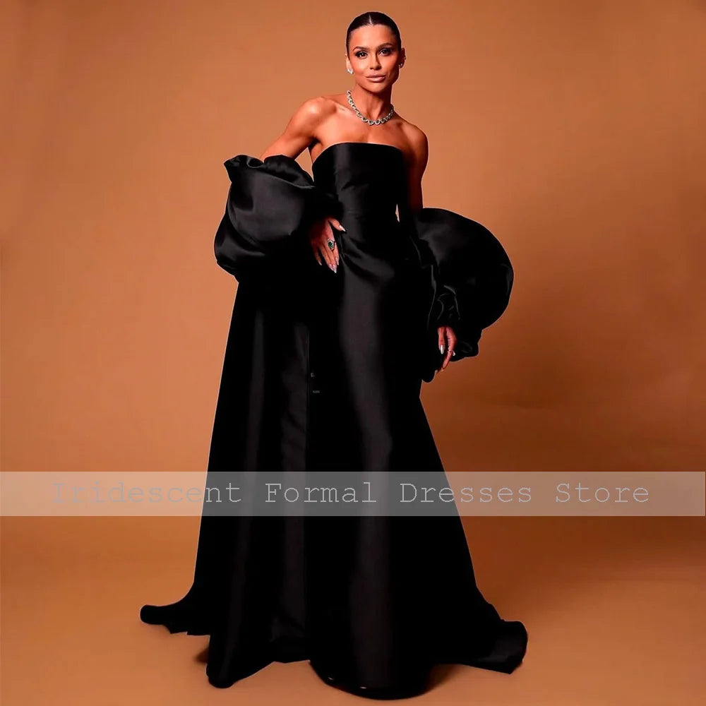 Black Satin Evening Dresses for Women 2025 Puffy Sleeves Wrap Elegant Formal Party Gowns Long Strapless Column Luxury Prom Dress
