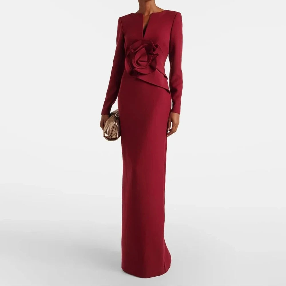 Elegant Evening Dress Customized V-Neck Long Sleeves Modern Jersey Evening Gowns Pleated Flower Straight Prom Dresses