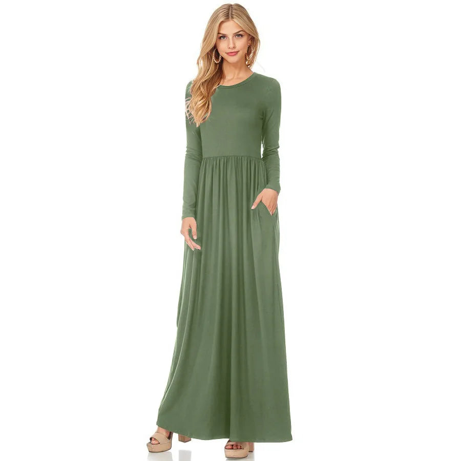 Women's Maxi Dress Summer Casual Solid adies Long Sleeve Pocket Floor Length Dress Fashion O Neck Female Long Skirts Street Wear