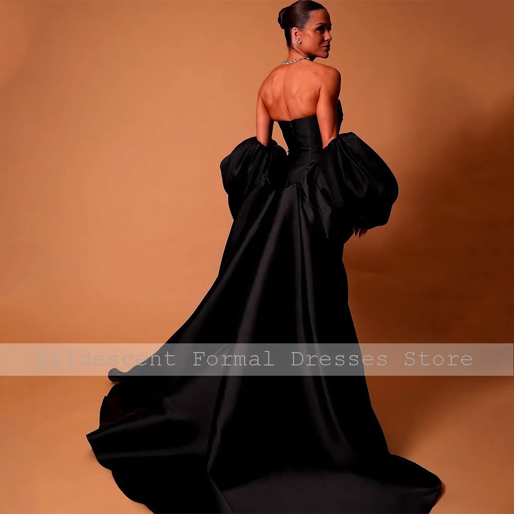 Black Satin Evening Dresses for Women 2025 Puffy Sleeves Wrap Elegant Formal Party Gowns Long Strapless Column Luxury Prom Dress