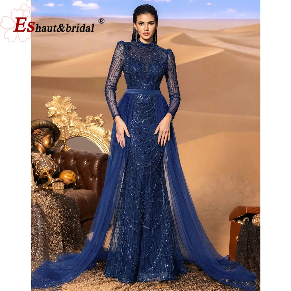 Elegant Wedding Evening Dress for Women 2026 Muslim Long Sleeves Mermaid Detachable Train Sequined Prom Party Gown Customized