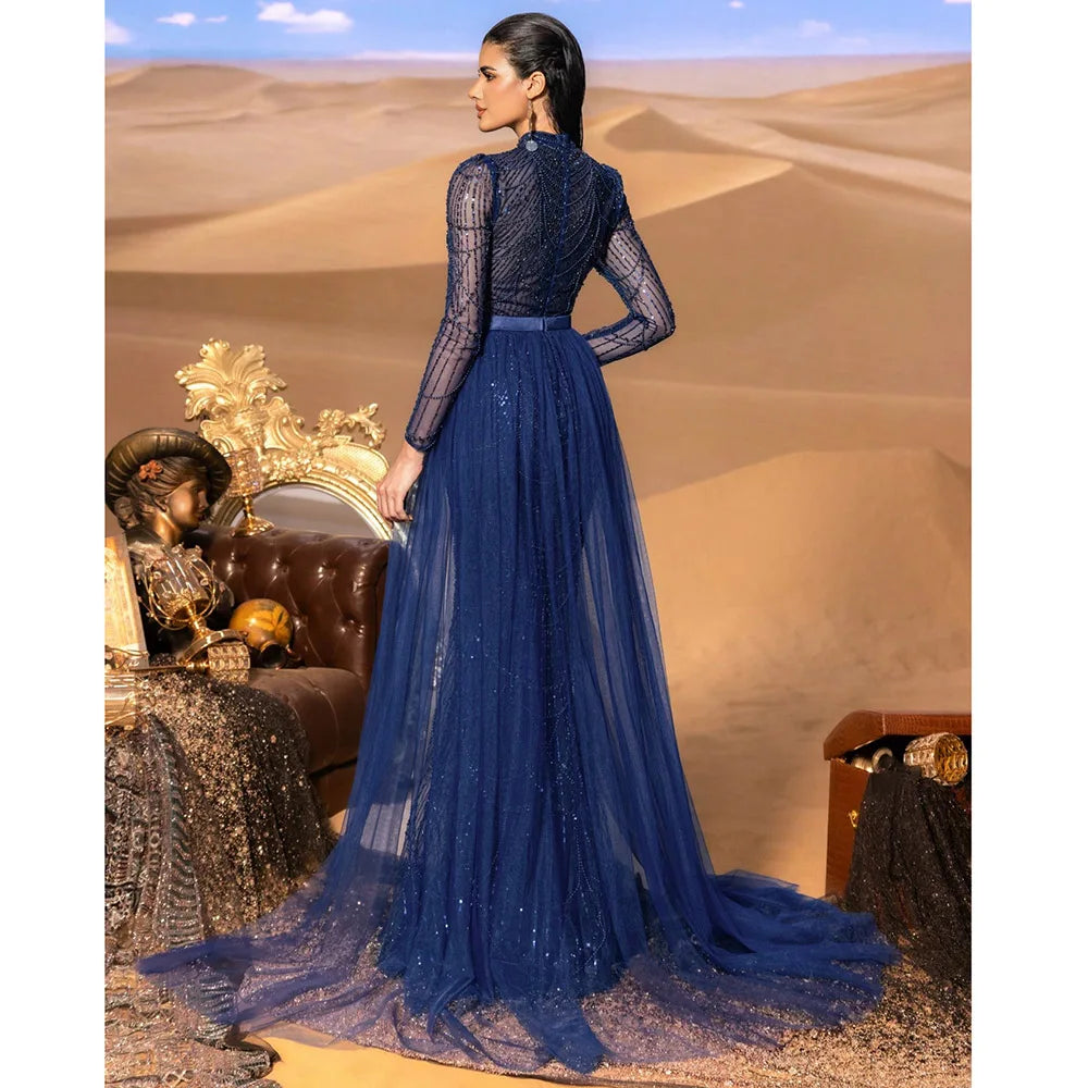 Elegant Wedding Evening Dress for Women 2026 Muslim Long Sleeves Mermaid Detachable Train Sequined Prom Party Gown Customized