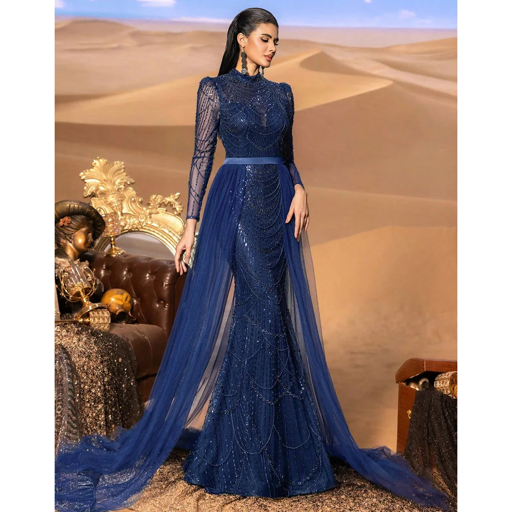 Elegant Wedding Evening Dress for Women 2026 Muslim Long Sleeves Mermaid Detachable Train Sequined Prom Party Gown Customized
