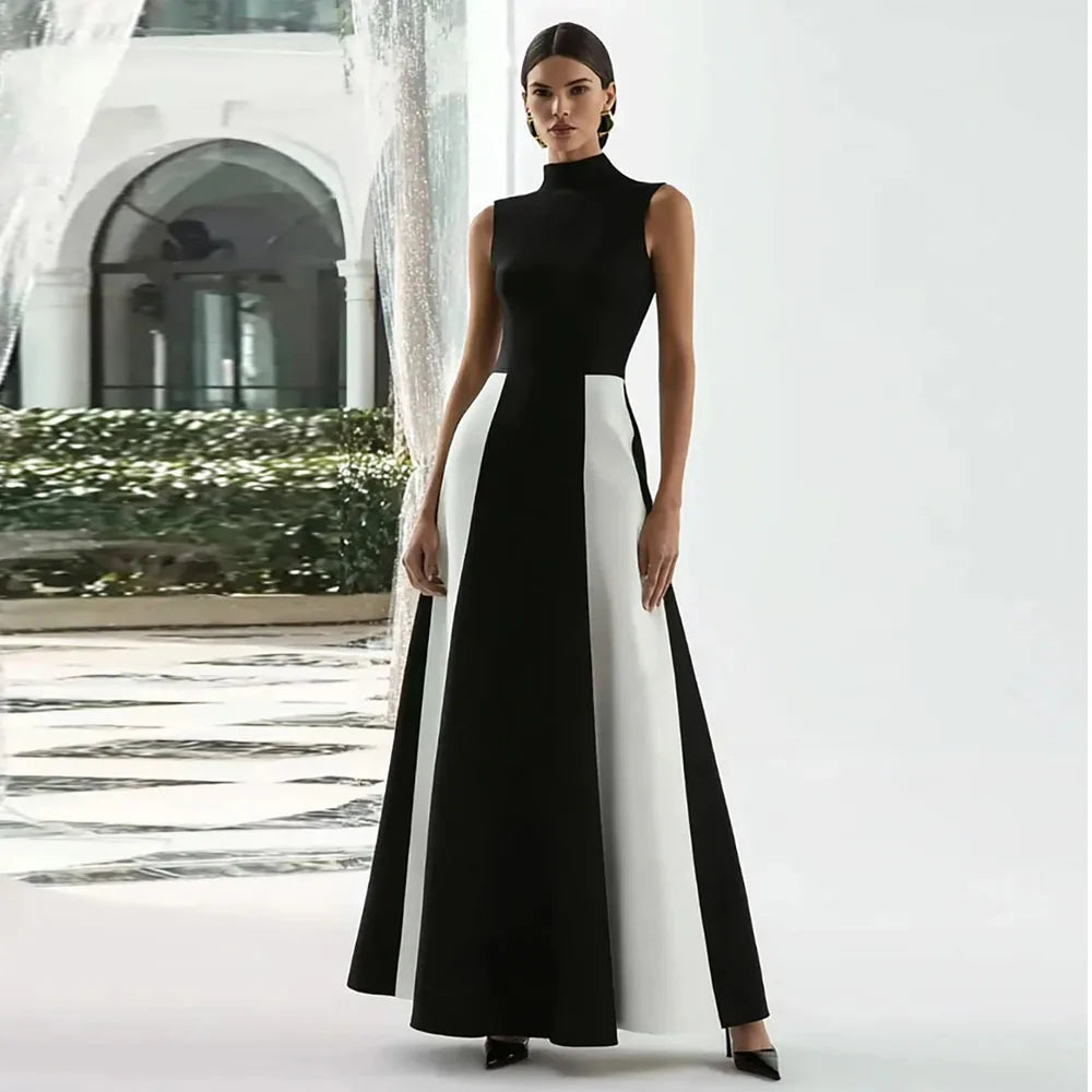 Elegant Evening Dress Black with White High Neck Sleeveless A Line Ankle Length Formal Dresses Classic Party Gown Custom Color