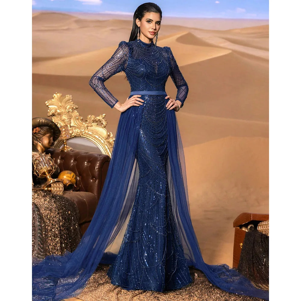 Elegant Wedding Evening Dress for Women 2026 Muslim Long Sleeves Mermaid Detachable Train Sequined Prom Party Gown Customized