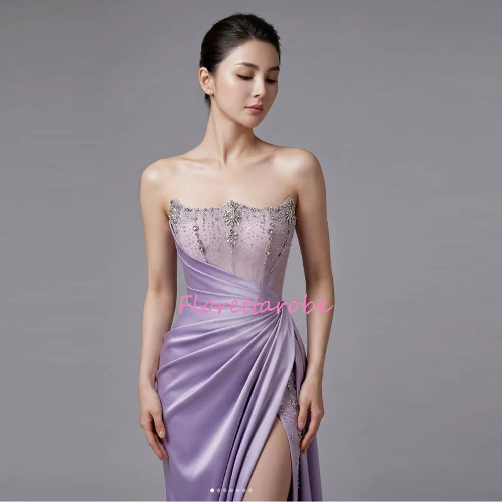 Customized Satin Luxury Women Evening Dresses For Formal Occasion Pleats Crystal Side Slit Strapless Prom Dress