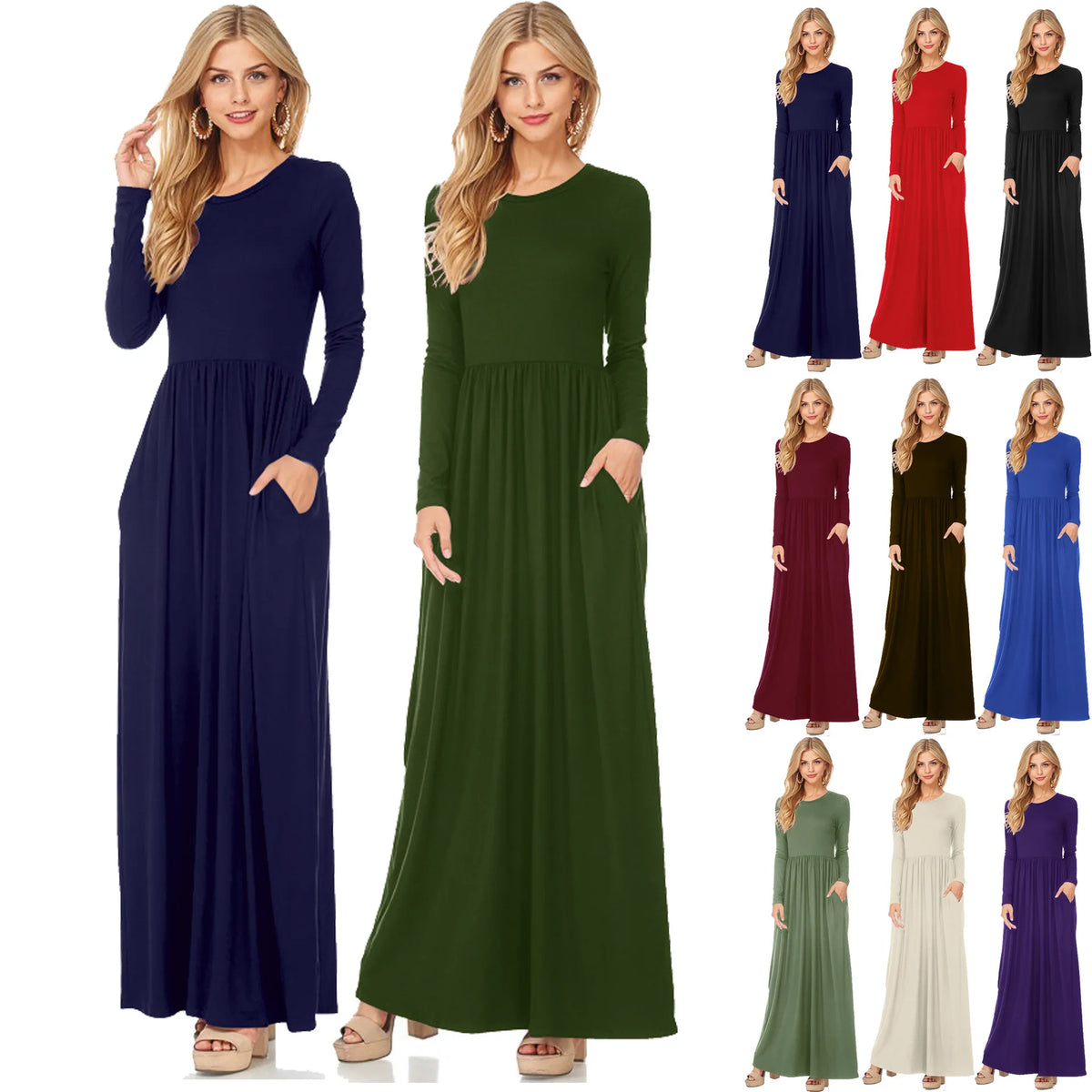Women's Maxi Dress Summer Casual Solid adies Long Sleeve Pocket Floor Length Dress Fashion O Neck Female Long Skirts Street Wear