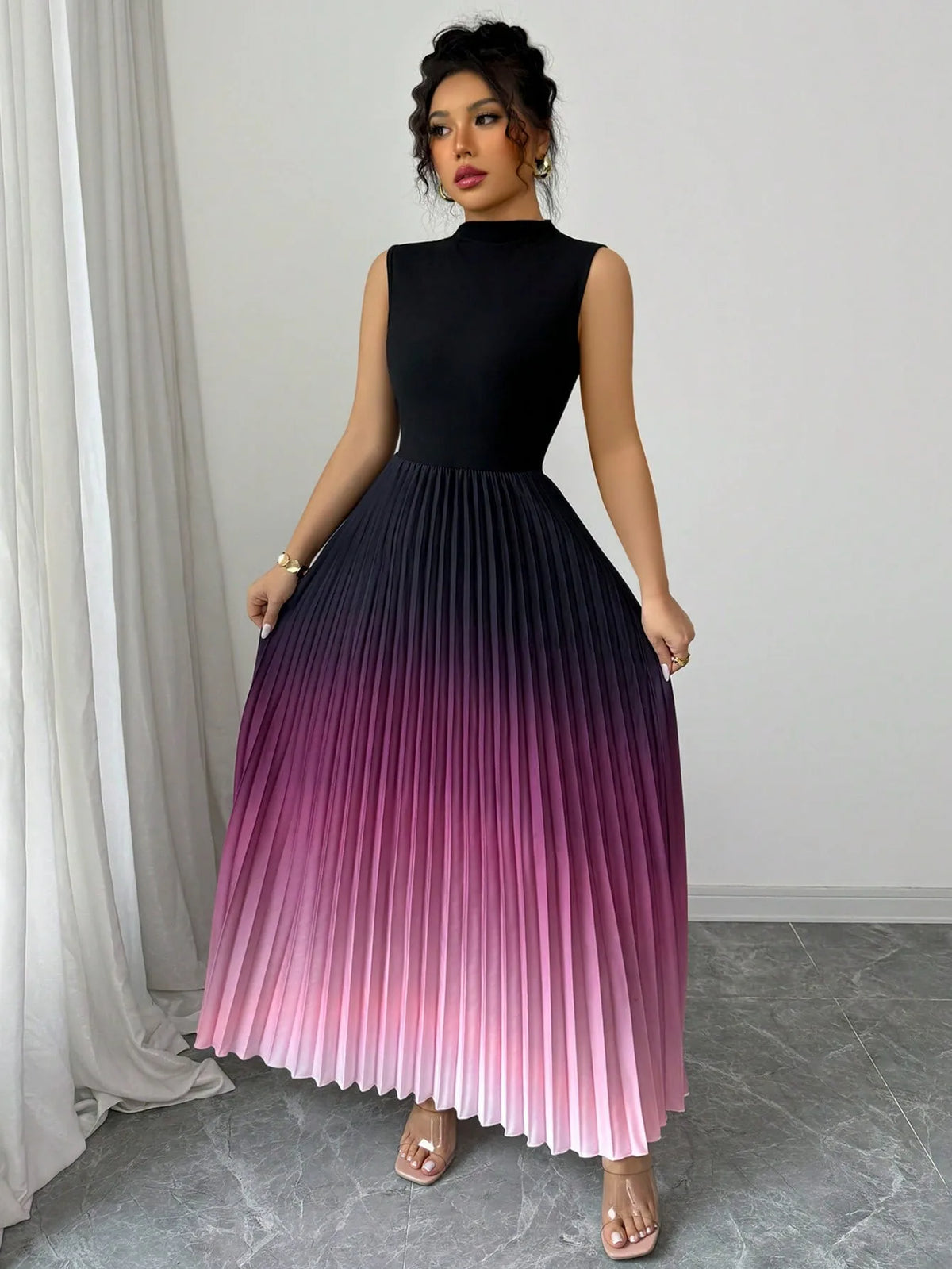 Fashion Maxi Dress Vestidos Dresses Contrast Gradient Sleeveless Slim All-match Simple Style Pleated Party Dresses Evening Gown
