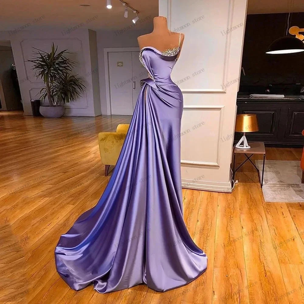 Newest Evening Dresses Satin Prom Dress Sequin Appliques Sexy Sleeveless Robes For Formal Party Vestidos De Gala Customized
