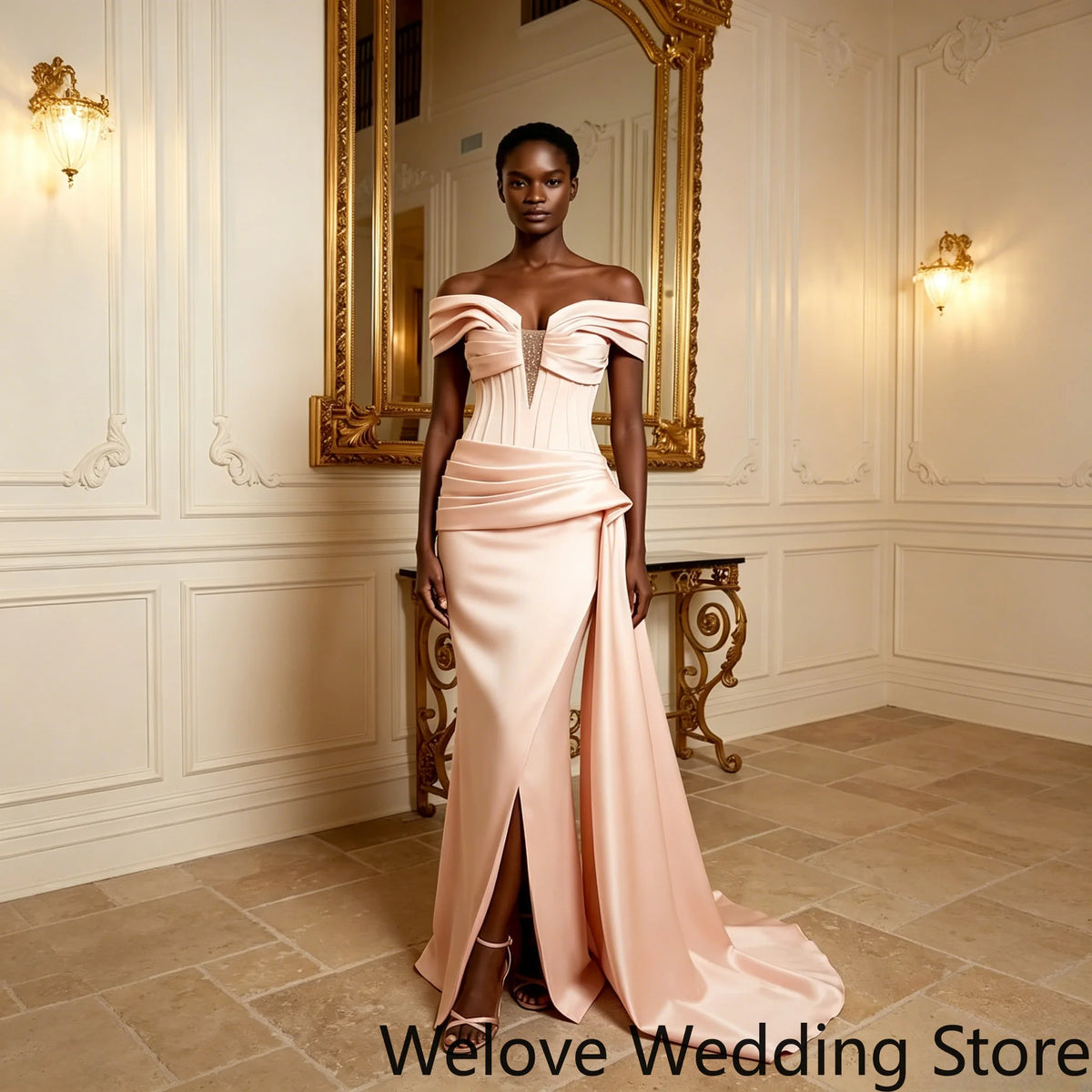 Satin Evening Gown Featuring Off-the-Shoulder Folded Ruffle Neckline Ruched Corset Bodice with Mesh Cutout Wrapped Draped Waist