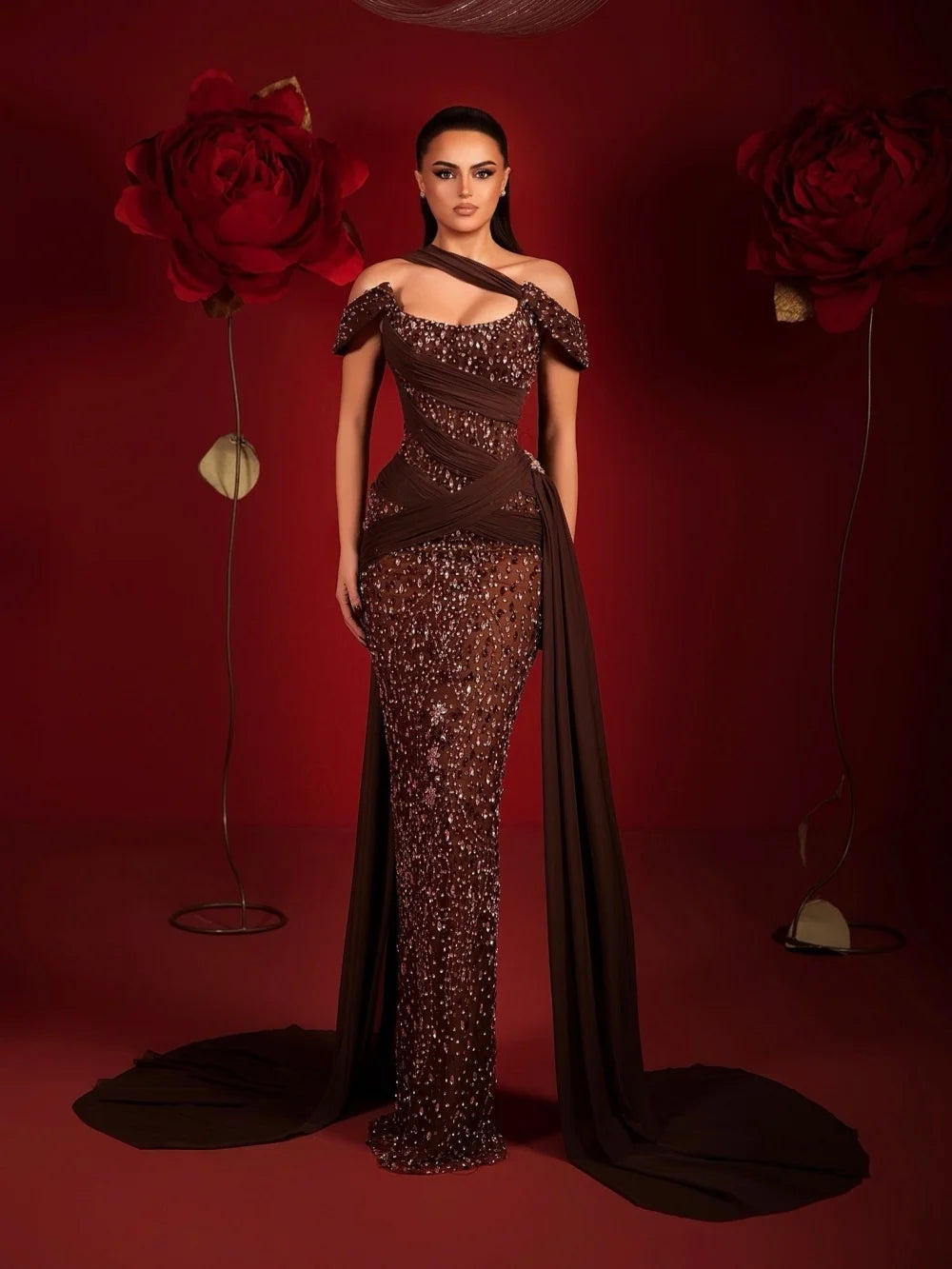 Elegant Brown Long Dress Opulent Off Shoulder Beaded Chiffon Draped Train Party Dress Evening Gown Wedding Guests فساتين سهرة