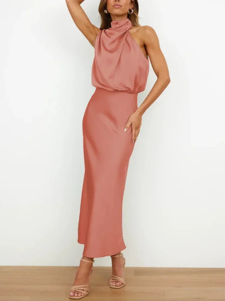 New in Summer Wedding Satin Silk Women Dresses Sexy Evening Party Sleeveless Off Shoulder Bodycon Elegant Maxi Dresses for Women