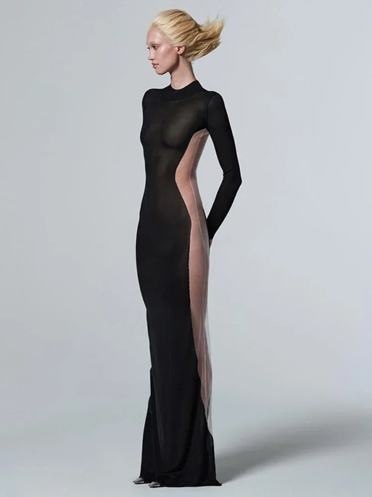 Black Maxi Dresses For Women Side See Through Vestidos Elegantes Para Mujer Slim One-Pieces Sexi Night Dress Hot Club Outfit