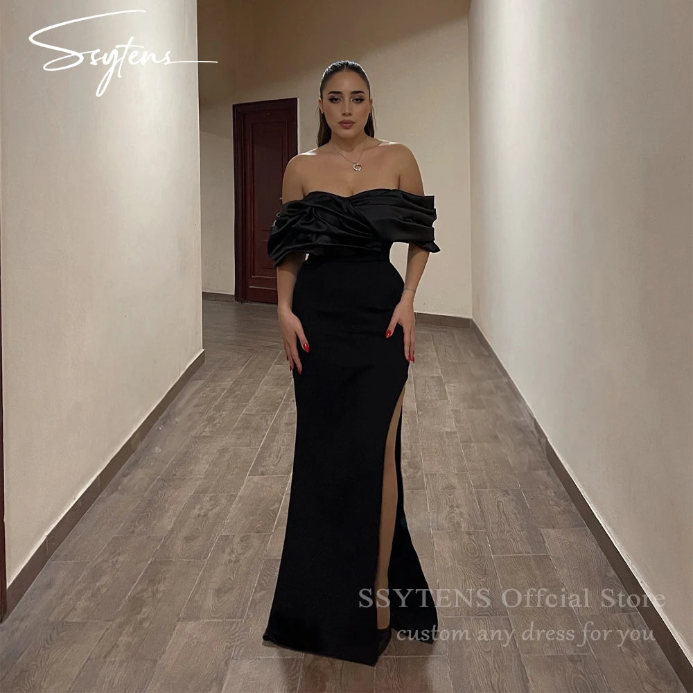 SSYTENS Satin Black Evening Dresses Pleats Prom Dresses Long Wedding Guest Party Gown for Guest Women Evening Gown Customized