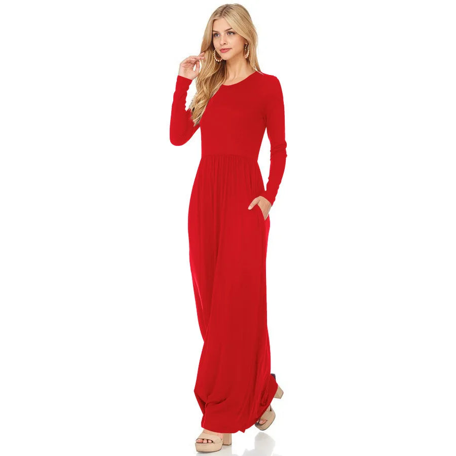Women's Maxi Dress Summer Casual Solid adies Long Sleeve Pocket Floor Length Dress Fashion O Neck Female Long Skirts Street Wear