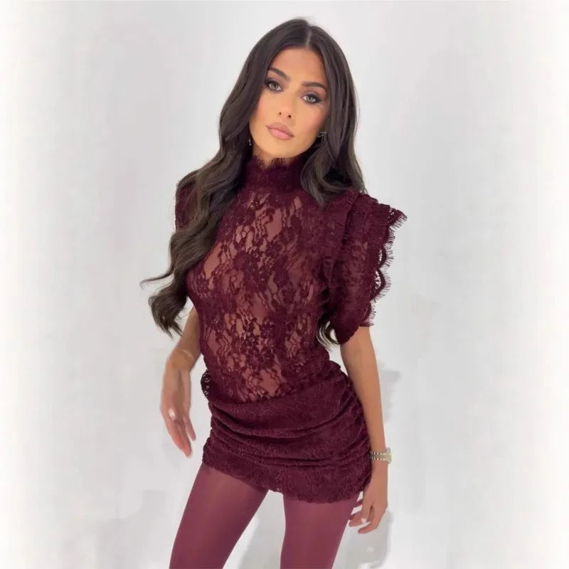 Sexy Black Lace Pleated Mini Dresses for Women Half High Collar Short Sleeve Spliced Sheer Club Party Dress Female New Vestidos