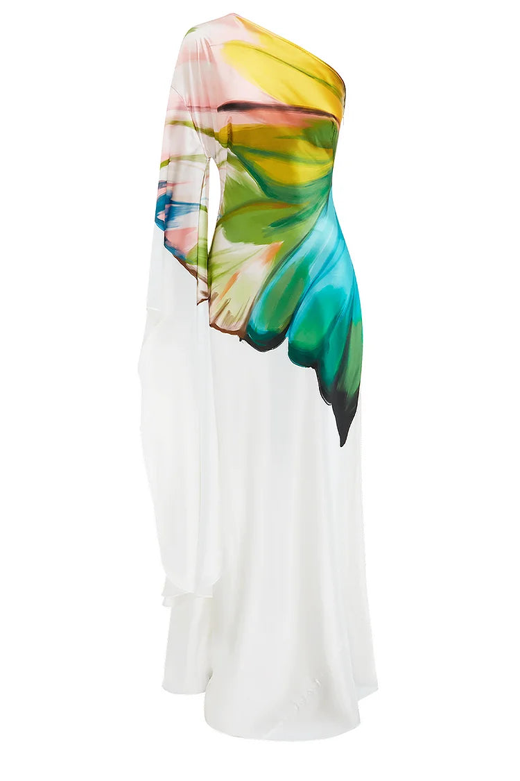 Women Elegant Satin Dress 2025 Oblique Shoulder Papillon Print Dress Maxi Sundress Casual Vintage Printed Loose Long Robe